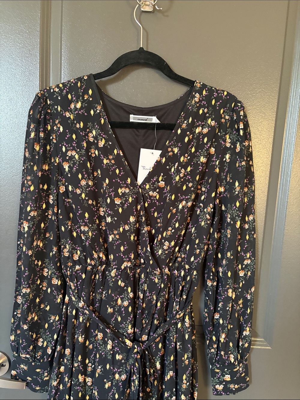 Black Floral Wrap Maxi Dress with Tie Waist - Picture 5 of 6
